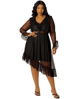 Buxom Couture Plus Size Asymmetrical Polka Dot Mesh Ruffle Dress - Black