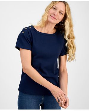 Style & Co. Cotton Button-shoulder Solid Top - Blue