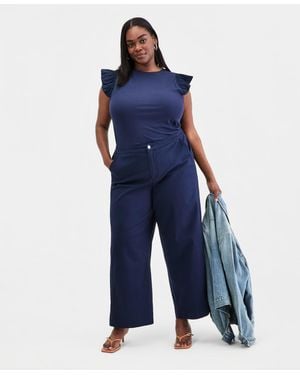 On 34th Trendy Plus Size Stretchy-waist Wide-leg Pants - Blue