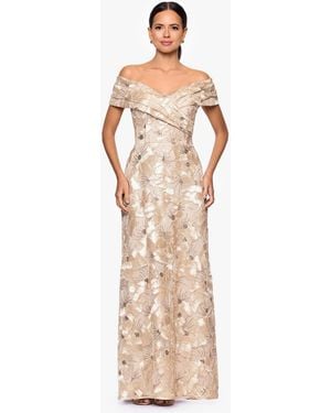 Betsy & Adam Petite Off-the-shoulder A-line Long Gown - Natural