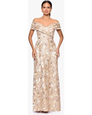 Betsy & Adam Petite Off-the-shoulder A-line Long Gown - Natural