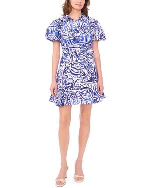 Msk Petite Printed Puff-sleeve Cotton Dress - Blue