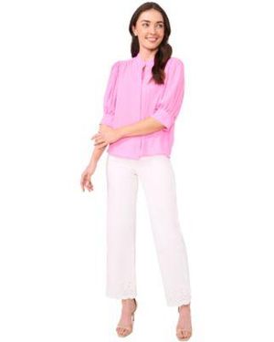 Cece 3 4 Sleeve Collared Button Down Blouse Eyelet Scallop Hem Jeans - Pink