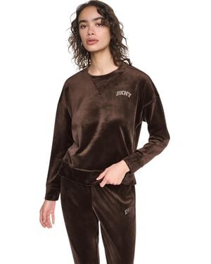 DKNY Velour Relaxed-fit High-low Crewneck Pullover Top - Brown