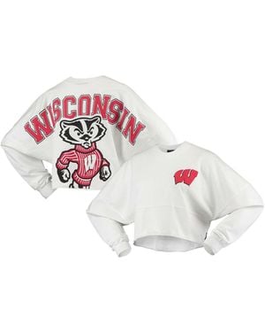 Spirit Jersey Wisconsin Badgers Raw Hem Cropped Long Sleeve T-shirt - White