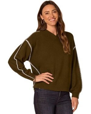 Democracy Long-sleeve Blanket Stitch Embroidery V-neck Sweater - Brown