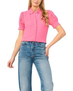 Cece Scalloped Puff-sleeve Button-front Top - Blue