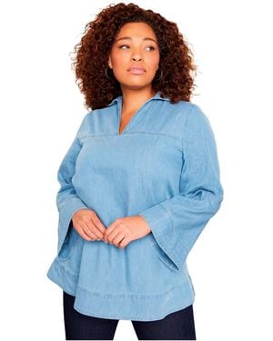 June + Vie June + Vie Plus Size Cotton Denim Blouse - Blue