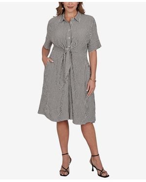 Ruby Rd. Plus Size Striped Gauze Tie Waist Shirt Dress - Gray