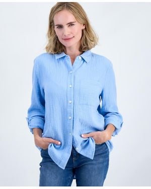 Style & Co. Petite Perfect Button-front Roll-tab Cotton Shirt - Blue