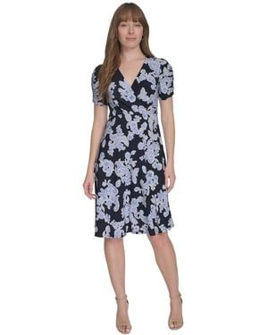 Tommy Hilfiger V-neck Ruched-sleeve Dress - Blue
