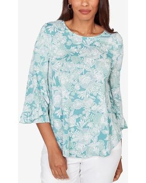 Ruby Rd. Petite Floral Puff Print Ruffle Knit Top - Blue