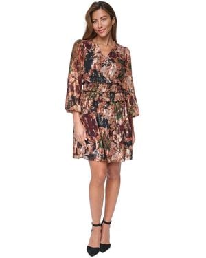 Eliza J V-neck Balloon Sleeve Smocked Fit & Flare Dress - Red
