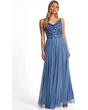 Quiz Mesh Cowl Neck Beaded Maxi Dress - Blue