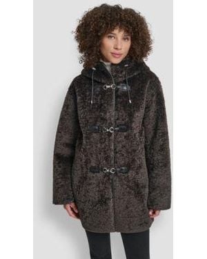 DKNY Shearling Hooded toggle Coat P Xs Xxl - Gray