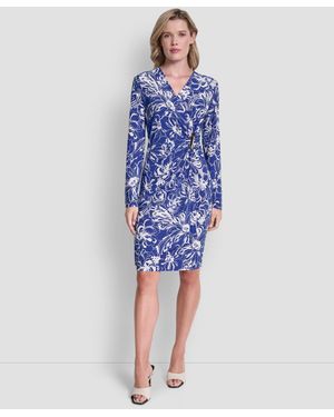 DKNY Long Sleeve Faux Wrap Polka Dot Knee Length Dress in Blue | Lyst