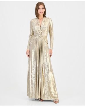 Anne Klein Twist Front V-neck Wedding Guest Maxi Dress - Natural