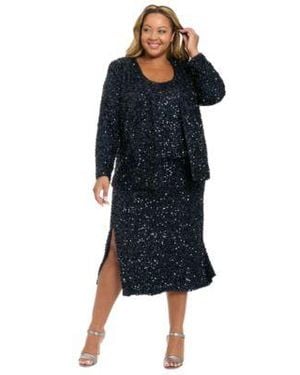 Muse Plus Size Sleeveless Scoop Neck Top Sequined V Neck Jacket Side Slit Sequin Detail Midi Skirt - Blue