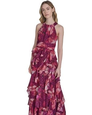 Eliza J Petite Printed Chiffon Ruffled-skirt Halter Gown - Red