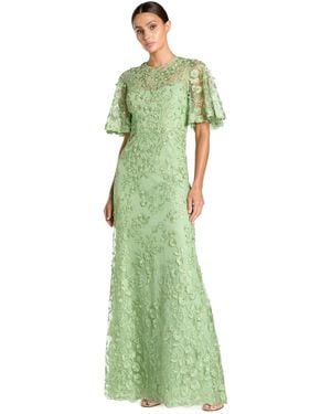 Mac Duggal Flutter Sleeve Floral Emboridered Net Gown - Green