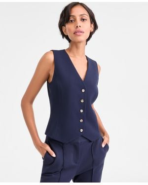 Tahari Stretch Crepe Button-front Vest - Blue