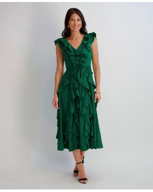 Kensie Silky Woven Ruffle Midi Dress - Green