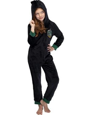 Harry Potter Hogwarts Houses Crest Girls' Hooded Pajama Kids Union Suit Loungewear - Black
