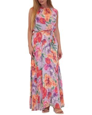 Donna Ricco Floral-print Pleated Maxi Dress - Red