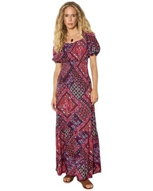 Apricot Boho Puff-sleeve Tiered Viscose Maxi Dress - Purple
