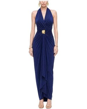 Nocturne Halter V-neck Gold-tone Buckle Detail Maxi Dress - Blue