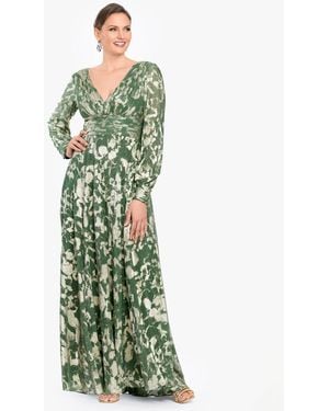 Betsy & Adam Long-sleeve V-neck Metallic Floral Gown - Green