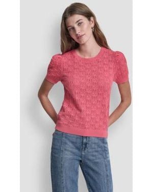 DKNY Short Sleeve Crew Neck Lace Pointelle Sweater - Red