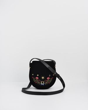 Fable England Kate Celestial Velvet Embroidered Saddle Bag - Black