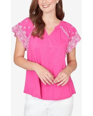 Ruby Rd. Petite Embroidered Sleeve Slub Knit T-shirt - Pink