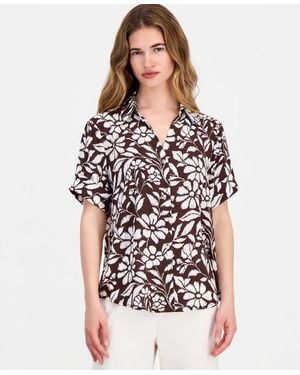 Anne Klein Essentials Petite Printed Button-front Top - White