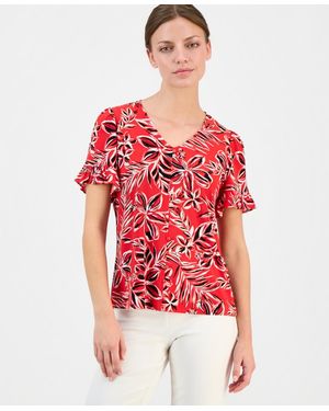 Anne Klein Essentials Petite Printed Ruffled-sleeve Top - Red