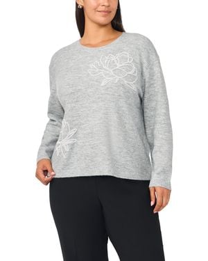 Vince Camuto Plus Size Long-sleeve Crewneck Floral-chenille Embroidery Sweater - Gray