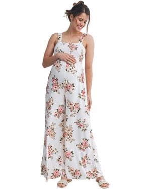 Hello Miss Maternity Floral Smocked Square Neck Wide Leg Jumpsuit - White