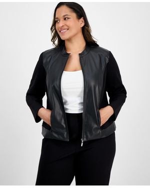 Anne Klein Essentials Ak Anne Klein Plus Size Mixed-media Zip-front Jacket - Black