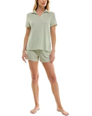 Roudelain Short-sleeve Gingham Henley Pajama Set - Green