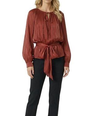 Modenaire Tie-neck Belted Long-sleeve Blouse - Red