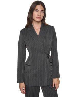 DKNY Sparkle Pinstripe Belted Blazer - Black
