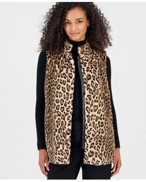 Anne Klein Elastic-waist Snap Front Leopard-print Faux Fur Vest - Multicolor
