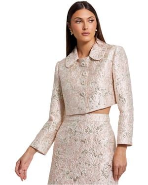 Mac Duggal Pearl Button Brocade Cropped Jacket - White