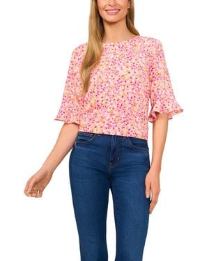 Cece Ruffle Cuff Crew Neck Blouse - Blue