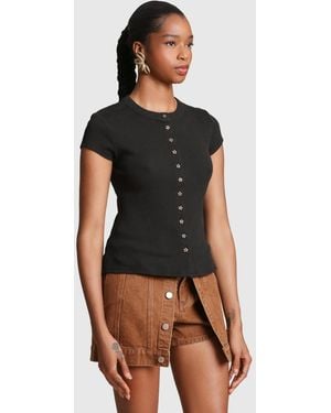Avec Les Filles Button-front Crewneck Top - Black