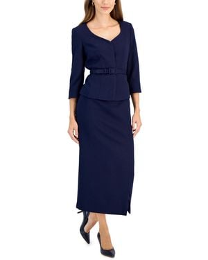 Le Suit 3/4-sleeve Belted Jacket & Midi Skirt - Blue