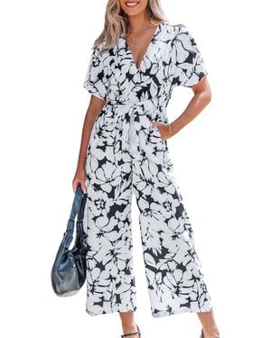 CUPSHE Floral Print V-neck Jumpsuit - White