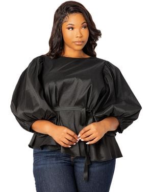 Buxom Couture Plus Size Tie Waist Voluminous Sleeve Blouse - Black