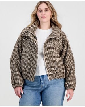 On 34th Plus Size Plaid Cropped Puffer Jacket - Brown